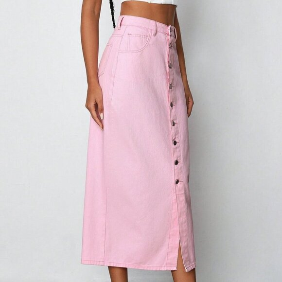 Pink Casual Women's Denim Maxi Skirt - Picture 4 of 7
